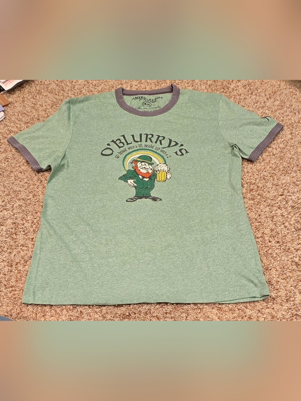 Vintage American Eagle O'Blurry's Green Ringer Tee with Leprechaun Graphic M
